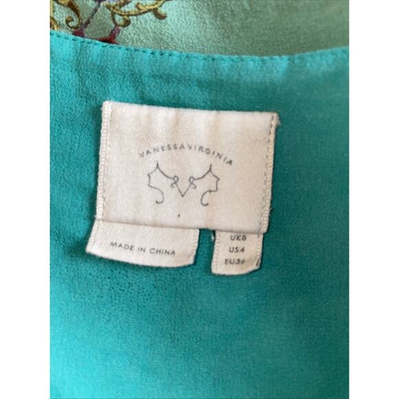 Vanessa Virginia Silk ANTHROPOLOGIE Green Blouse Top Bird Baroque Womens S 4 - Picture 4 of 9